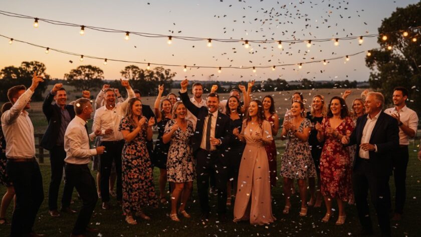 A wide shot capturing vibrant Miners Rest party photography moments, featuring guests laughing and dancing under string lights at an outdoor evening celebration, with dramatic warm glow and bokeh, conveying pure joy and energy.
