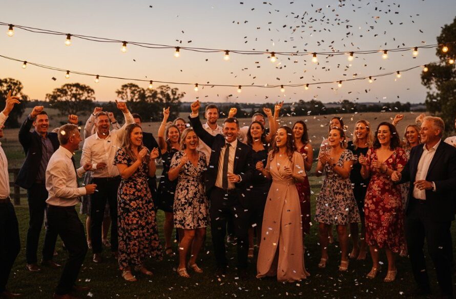 A wide shot capturing vibrant Miners Rest party photography moments, featuring guests laughing and dancing under string lights at an outdoor evening celebration, with dramatic warm glow and bokeh, conveying pure joy and energy.