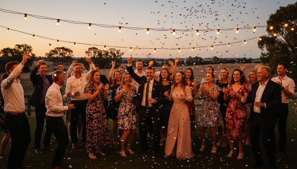 A wide shot capturing vibrant Miners Rest party photography moments, featuring guests laughing and dancing under string lights at an outdoor evening celebration, with dramatic warm glow and bokeh, conveying pure joy and energy.
