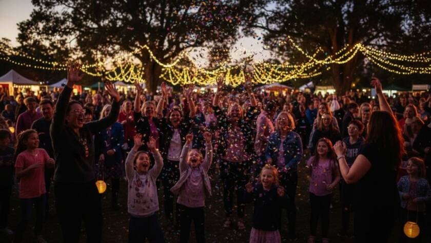 A joyous wide-angle shot of a vibrant Mont Albert North community event photography capturing people laughing and dancing under string lights, a truly epic moment with warm, golden hour lighting.