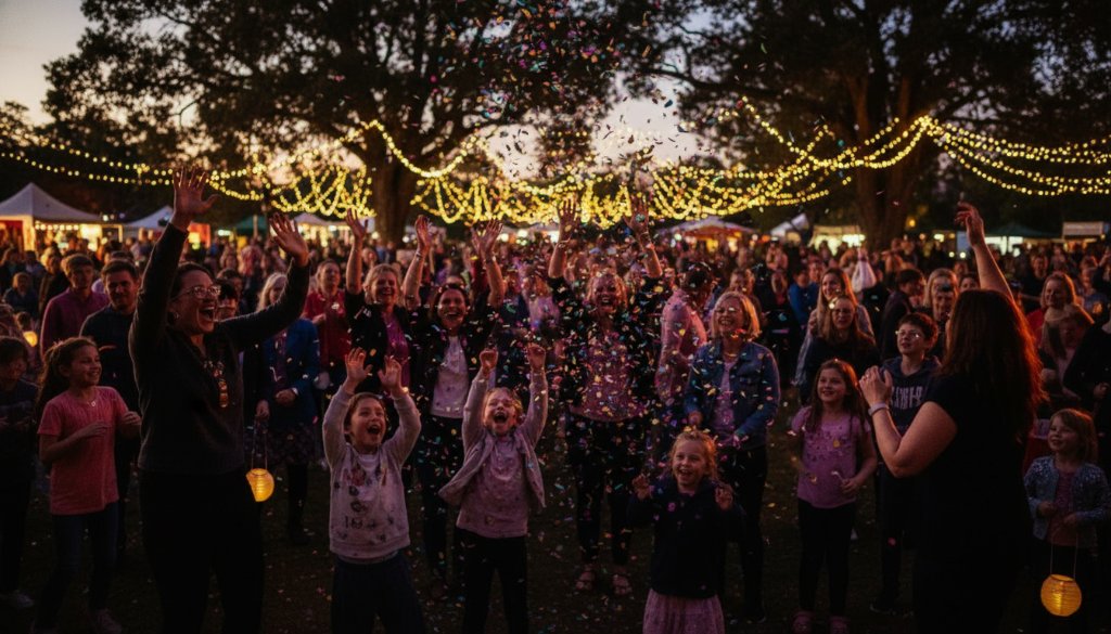A joyous wide-angle shot of a vibrant Mont Albert North community event photography capturing people laughing and dancing under string lights, a truly epic moment with warm, golden hour lighting.