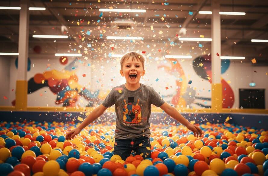 An epic moment of a child laughing joyfully, covered in colourful confetti, at a vibrant Narre Warren Kids Party Photographer Captures event, showcasing candid and energetic celebration photography.