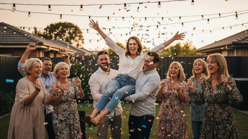 Vibrant Party Photography Altona Meadows Celebrations: A wide-angle, candid shot capturing the peak of a lively birthday party in Altona Meadows, with guests laughing and dancing under fairy lights, vibrant colours, professional lighting, and emotional joy.
