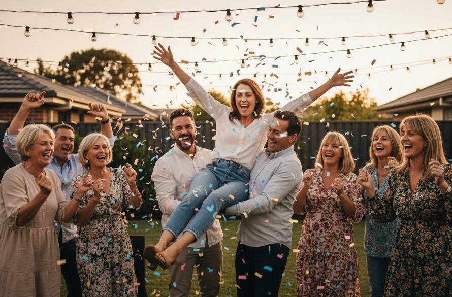 Vibrant Party Photography Altona Meadows Celebrations: A wide-angle, candid shot capturing the peak of a lively birthday party in Altona Meadows, with guests laughing and dancing under fairy lights, vibrant colours, professional lighting, and emotional joy.