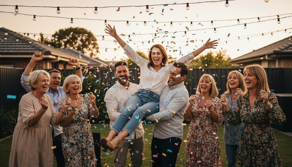 Vibrant Party Photography Altona Meadows Celebrations: A wide-angle, candid shot capturing the peak of a lively birthday party in Altona Meadows, with guests laughing and dancing under fairy lights, vibrant colours, professional lighting, and emotional joy.