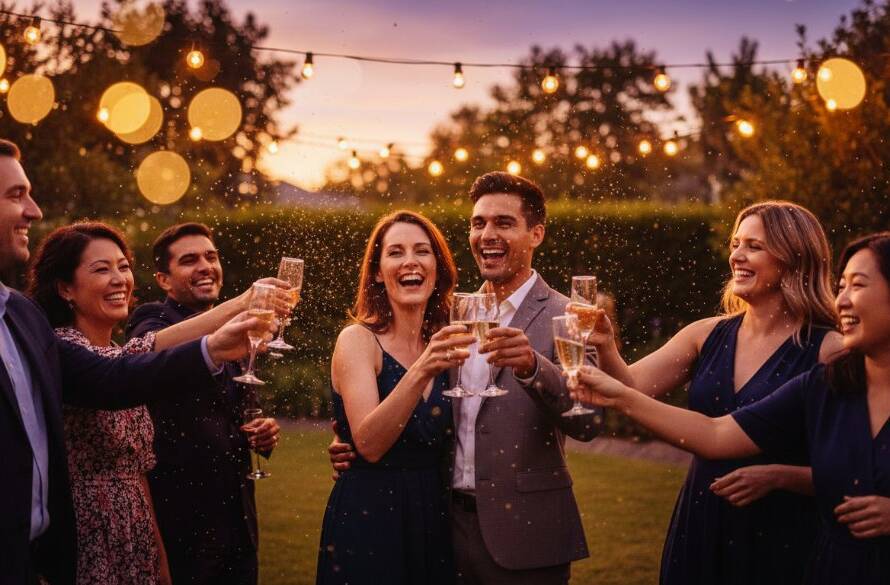 An epic, emotionally resonant photograph capturing a moment of pure joy at a vibrant party photography Blackburn South celebration, with friends laughing and dancing under string lights at a backyard gathering, professionally lit and colour-graded.