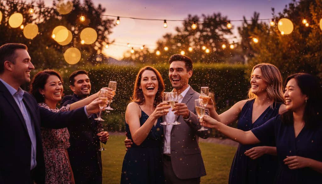 An epic, emotionally resonant photograph capturing a moment of pure joy at a vibrant party photography Blackburn South celebration, with friends laughing and dancing under string lights at a backyard gathering, professionally lit and colour-graded.