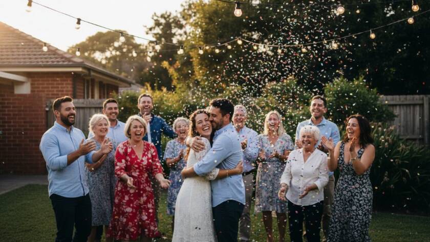 A vibrant party photography Blackburn Victoria captures an epic moment of pure joy, featuring guests laughing and dancing under string lights in a beautifully decorated backyard, with professional color grading.
