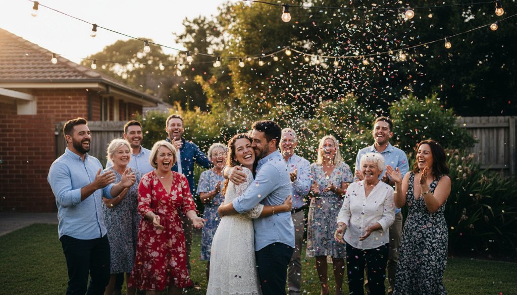 A vibrant party photography Blackburn Victoria captures an epic moment of pure joy, featuring guests laughing and dancing under string lights in a beautifully decorated backyard, with professional color grading.