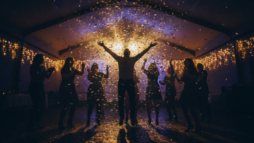 An epic, joy-filled wide-angle shot of vibrant party photography Box Hill South celebrations in full swing at a community hall, with guests laughing and dancing under sparkling fairy lights, captured with dramatic, warm lighting and professional colour grading.