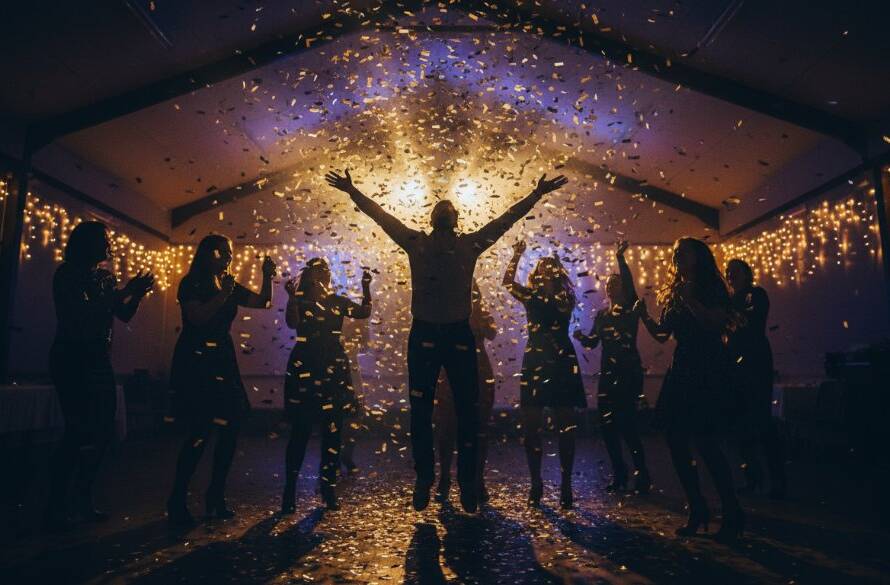An epic, joy-filled wide-angle shot of vibrant party photography Box Hill South celebrations in full swing at a community hall, with guests laughing and dancing under sparkling fairy lights, captured with dramatic, warm lighting and professional colour grading.