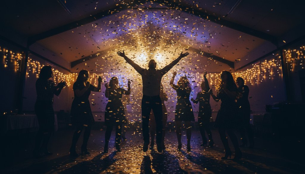 An epic, joy-filled wide-angle shot of vibrant party photography Box Hill South celebrations in full swing at a community hall, with guests laughing and dancing under sparkling fairy lights, captured with dramatic, warm lighting and professional colour grading.