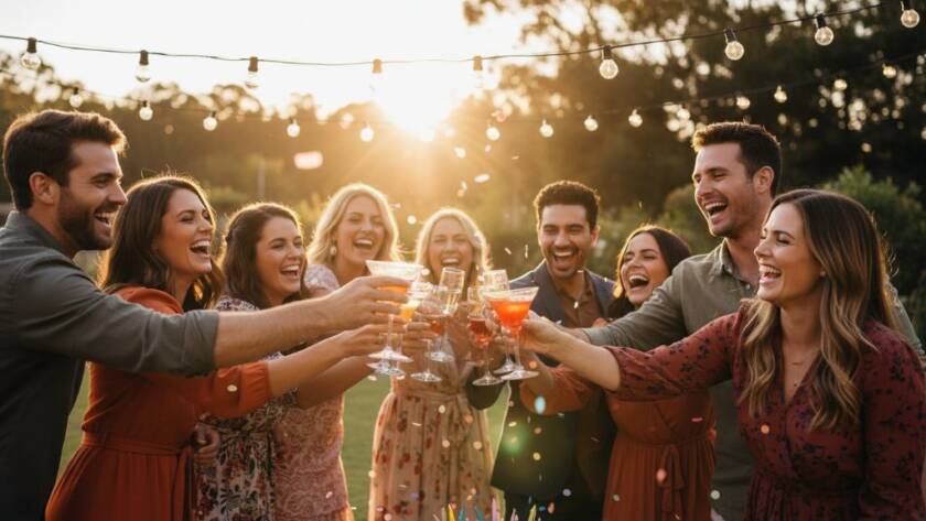 A candid, vibrant party photography moment in Clyde, Victoria, showing cherished memories of friends laughing joyously under string lights at an outdoor evening celebration, expertly captured with dramatic lighting.
