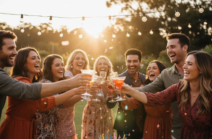 A candid, vibrant party photography moment in Clyde, Victoria, showing cherished memories of friends laughing joyously under string lights at an outdoor evening celebration, expertly captured with dramatic lighting.