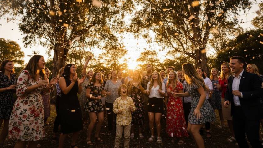 Dynamic wide shot of guests laughing and dancing under colourful lights at a vibrant party photography Cranbourne memorable celebrations event, with confetti mid-air, capturing an epic moment of pure joy and energy.