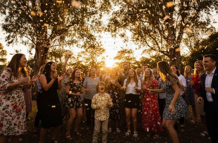 Dynamic wide shot of guests laughing and dancing under colourful lights at a vibrant party photography Cranbourne memorable celebrations event, with confetti mid-air, capturing an epic moment of pure joy and energy.