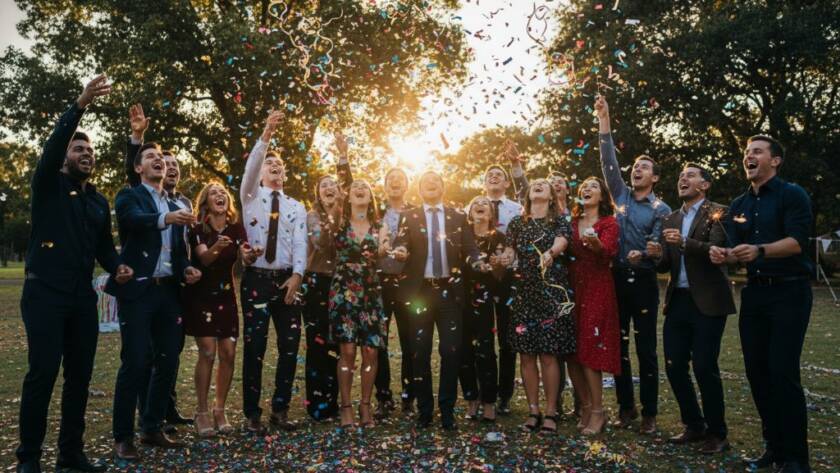 An ecstatic child mid-air, surrounded by confetti and balloons, with friends cheering in the background at a vibrant Dingley Village backyard party. This epic moment of joy is perfectly captured by professional vibrant party photography Dingley Village Victoria, showcasing dynamic motion and brilliant colours.