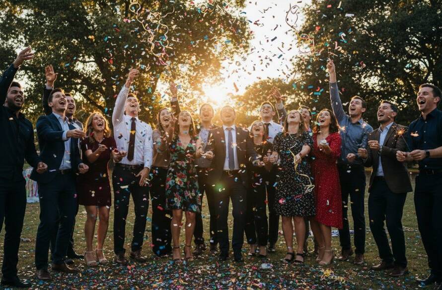 An ecstatic child mid-air, surrounded by confetti and balloons, with friends cheering in the background at a vibrant Dingley Village backyard party. This epic moment of joy is perfectly captured by professional vibrant party photography Dingley Village Victoria, showcasing dynamic motion and brilliant colours.
