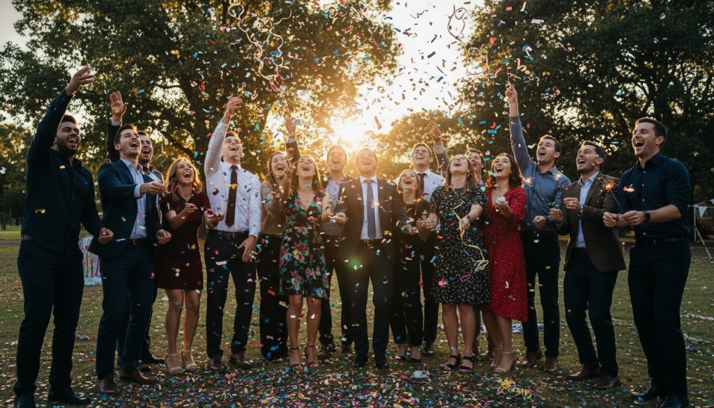 An ecstatic child mid-air, surrounded by confetti and balloons, with friends cheering in the background at a vibrant Dingley Village backyard party. This epic moment of joy is perfectly captured by professional vibrant party photography Dingley Village Victoria, showcasing dynamic motion and brilliant colours.