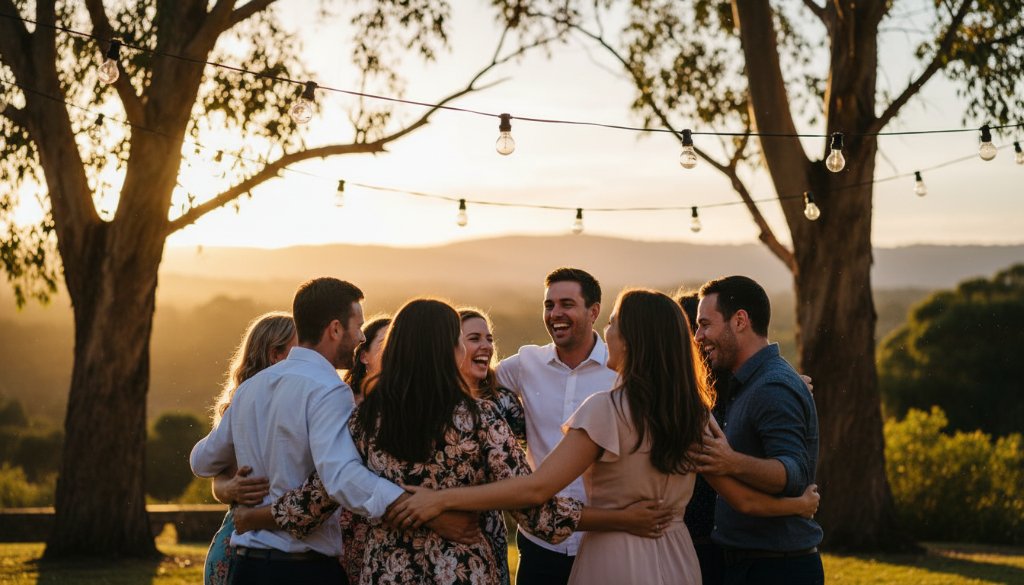 A wide shot capturing the vibrant party photography in Gisborne, featuring guests laughing and dancing under string lights at a rustic outdoor venue in the Macedon Ranges, creating unforgettable memories.
