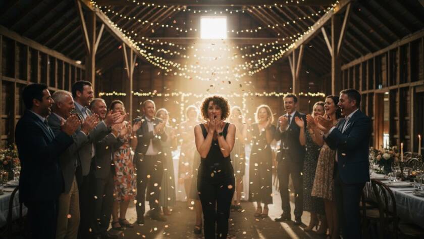 A candid, vibrant party photography Lang Lang Victoria image showing guests laughing and dancing under string lights at a rustic outdoor venue, captured with dramatic, warm backlighting to emphasize joy and movement.