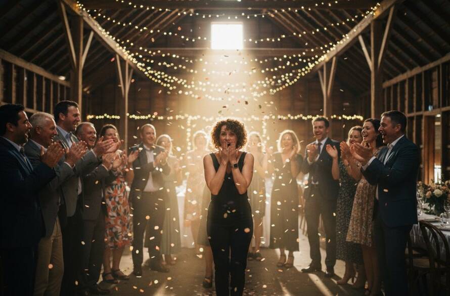 A candid, vibrant party photography Lang Lang Victoria image showing guests laughing and dancing under string lights at a rustic outdoor venue, captured with dramatic, warm backlighting to emphasize joy and movement.
