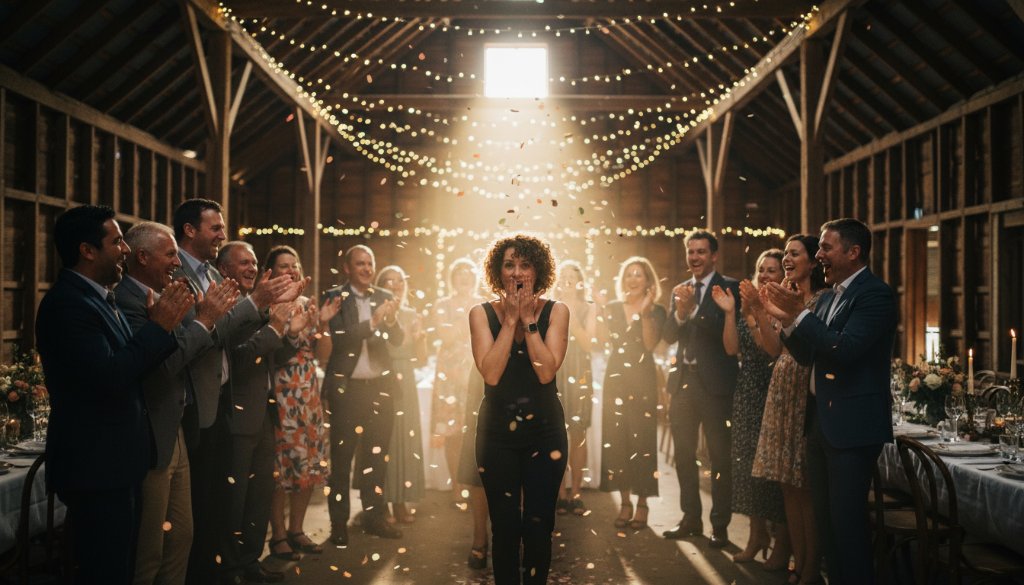 A candid, vibrant party photography Lang Lang Victoria image showing guests laughing and dancing under string lights at a rustic outdoor venue, captured with dramatic, warm backlighting to emphasize joy and movement.
