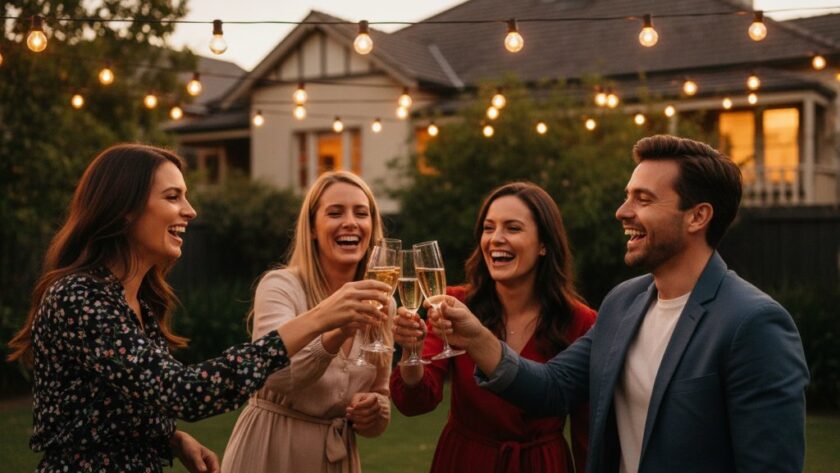 An epic moment of vibrant party photography in Manifold Heights, Victoria, capturing a group of friends laughing joyfully under string lights at a backyard party, with dramatic bokeh and professional colour grading.