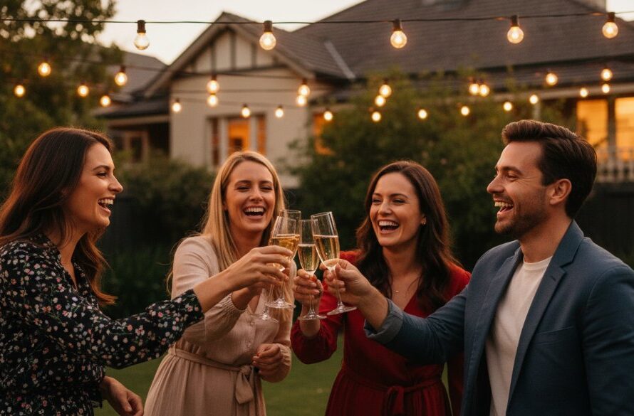 An epic moment of vibrant party photography in Manifold Heights, Victoria, capturing a group of friends laughing joyfully under string lights at a backyard party, with dramatic bokeh and professional colour grading.