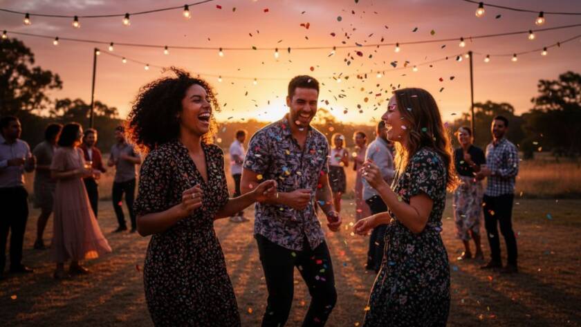 A group of friends laughing and dancing under string lights at a vibrant party photography Melton Victoria event, captured in an epic, professional, and colour-graded shot with dynamic backlighting and a joyful atmosphere.