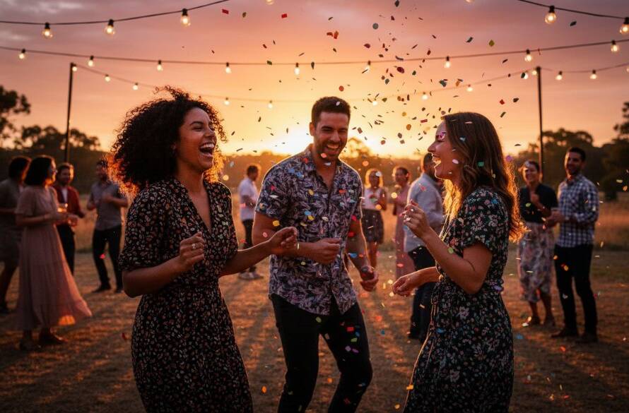 A group of friends laughing and dancing under string lights at a vibrant party photography Melton Victoria event, captured in an epic, professional, and colour-graded shot with dynamic backlighting and a joyful atmosphere.