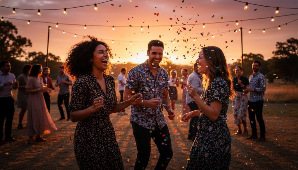 A group of friends laughing and dancing under string lights at a vibrant party photography Melton Victoria event, captured in an epic, professional, and colour-graded shot with dynamic backlighting and a joyful atmosphere.