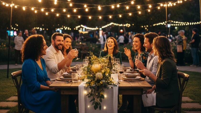 A dynamic, wide-angle shot of vibrant party photography Melton West capturing joyful moments, showing guests laughing and dancing under string lights at a twilight garden party in Melton West, with sparklers adding a dramatic glow and confetti mid-air.