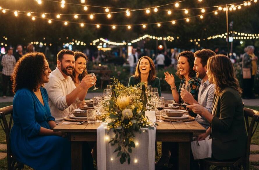 A dynamic, wide-angle shot of vibrant party photography Melton West capturing joyful moments, showing guests laughing and dancing under string lights at a twilight garden party in Melton West, with sparklers adding a dramatic glow and confetti mid-air.