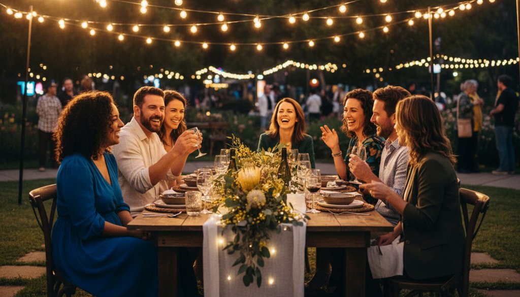 A dynamic, wide-angle shot of vibrant party photography Melton West capturing joyful moments, showing guests laughing and dancing under string lights at a twilight garden party in Melton West, with sparklers adding a dramatic glow and confetti mid-air.