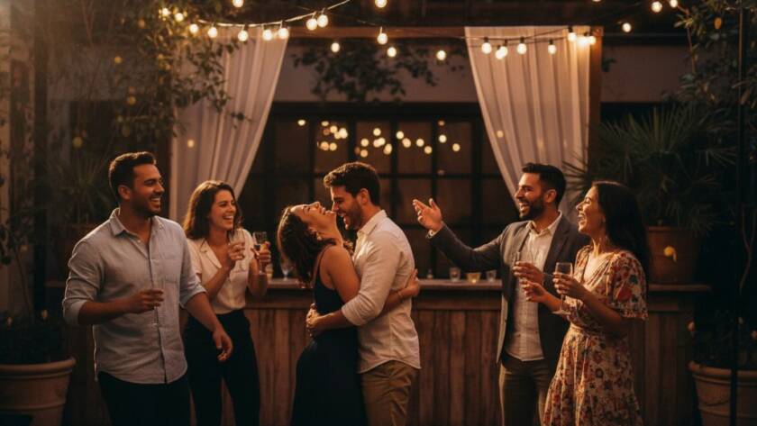 A candid, vibrant party photography Oakleigh Victoria moment capturing guests laughing and dancing under string lights at an outdoor celebration, showcasing genuine joy and dynamic energy.