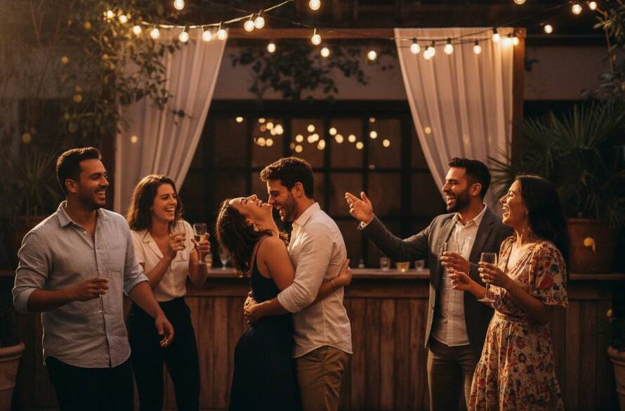 A candid, vibrant party photography Oakleigh Victoria moment capturing guests laughing and dancing under string lights at an outdoor celebration, showcasing genuine joy and dynamic energy.