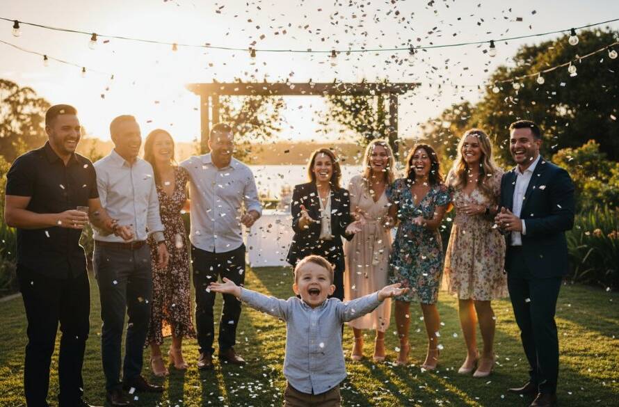 An epic, candid moment of pure joy and laughter, perfectly captured amidst a vibrant party photography Sanctuary Lakes celebrations setting, with confetti in the air and dramatic, warm lighting.