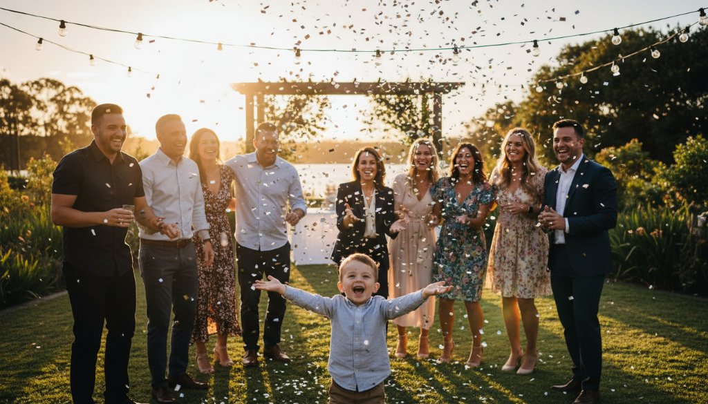 An epic, candid moment of pure joy and laughter, perfectly captured amidst a vibrant party photography Sanctuary Lakes celebrations setting, with confetti in the air and dramatic, warm lighting.