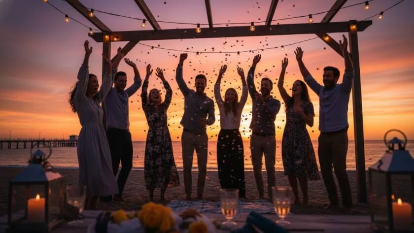 A dynamic, wide-angle shot capturing vibrant party photography Seaford Victoria, with guests laughing and dancing under string lights on a beachside deck at sunset, silhouetted against the colourful Seaford pier, creating an epic moment of joy.