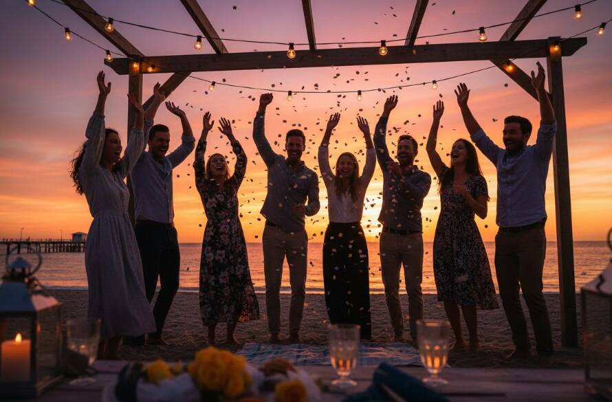 A dynamic, wide-angle shot capturing vibrant party photography Seaford Victoria, with guests laughing and dancing under string lights on a beachside deck at sunset, silhouetted against the colourful Seaford pier, creating an epic moment of joy.
