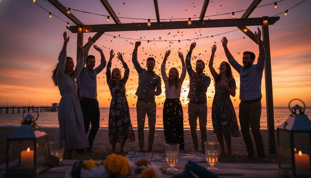 A dynamic, wide-angle shot capturing vibrant party photography Seaford Victoria, with guests laughing and dancing under string lights on a beachside deck at sunset, silhouetted against the colourful Seaford pier, creating an epic moment of joy.