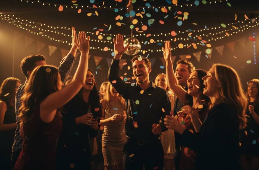 An epic moment of pure joy and laughter, perfectly captured at a vibrant party in South Kingsville, Victoria. Guests are dancing under warm fairy lights, confetti subtly in the air, with a focus on genuine connections and celebratory energy, showcasing vibrant party photography South Kingsville Victoria.