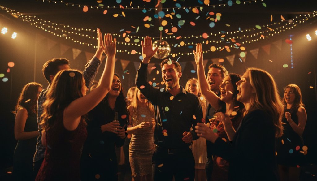 An epic moment of pure joy and laughter, perfectly captured at a vibrant party in South Kingsville, Victoria. Guests are dancing under warm fairy lights, confetti subtly in the air, with a focus on genuine connections and celebratory energy, showcasing vibrant party photography South Kingsville Victoria.