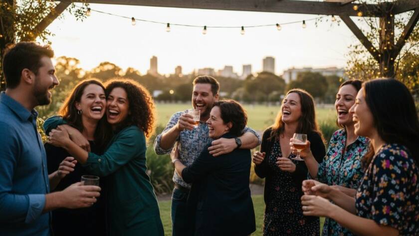 Dynamic shot of vibrant party photography Sunshine North Victoria, capturing guests laughing and dancing under string lights at sunset, creating a joyful and energetic atmosphere with professional colour grading.