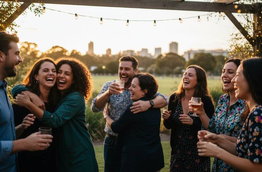 Dynamic shot of vibrant party photography Sunshine North Victoria, capturing guests laughing and dancing under string lights at sunset, creating a joyful and energetic atmosphere with professional colour grading.