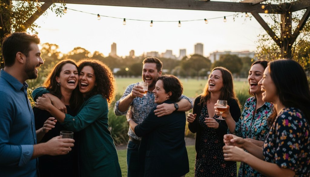 Dynamic shot of vibrant party photography Sunshine North Victoria, capturing guests laughing and dancing under string lights at sunset, creating a joyful and energetic atmosphere with professional colour grading.