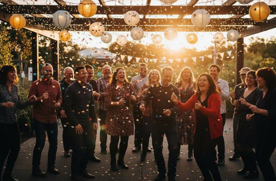 A dynamic, high-energy photograph capturing the vibrant party photography in Sunshine, Victoria, with guests laughing and dancing under string lights at sunset, creating a memorable, joyful atmosphere.