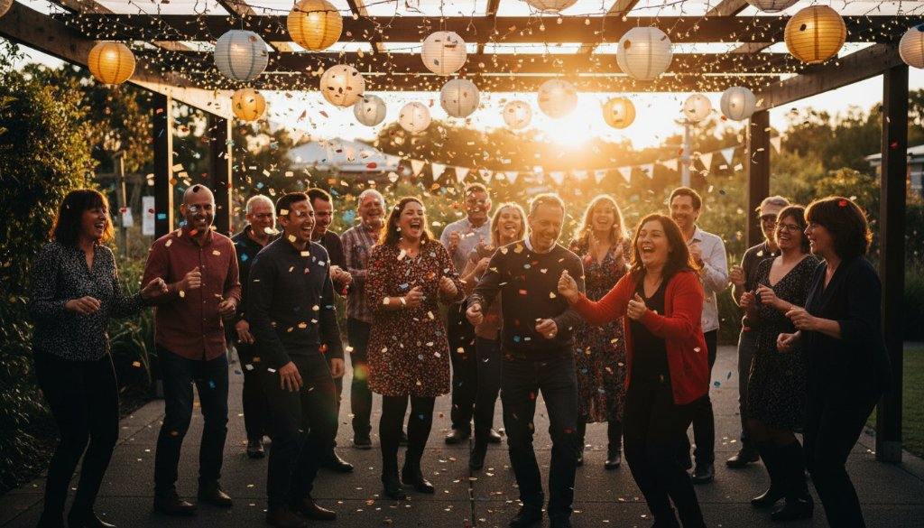 A dynamic, high-energy photograph capturing the vibrant party photography in Sunshine, Victoria, with guests laughing and dancing under string lights at sunset, creating a memorable, joyful atmosphere.