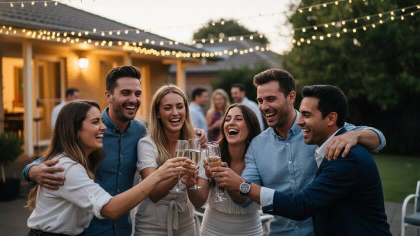 A wide-angle, vibrant party photography Templestowe Lower Victoria shot of friends laughing and dancing under string lights at dusk, capturing an epic moment of pure joy and celebration in a beautifully lit backyard setting.
